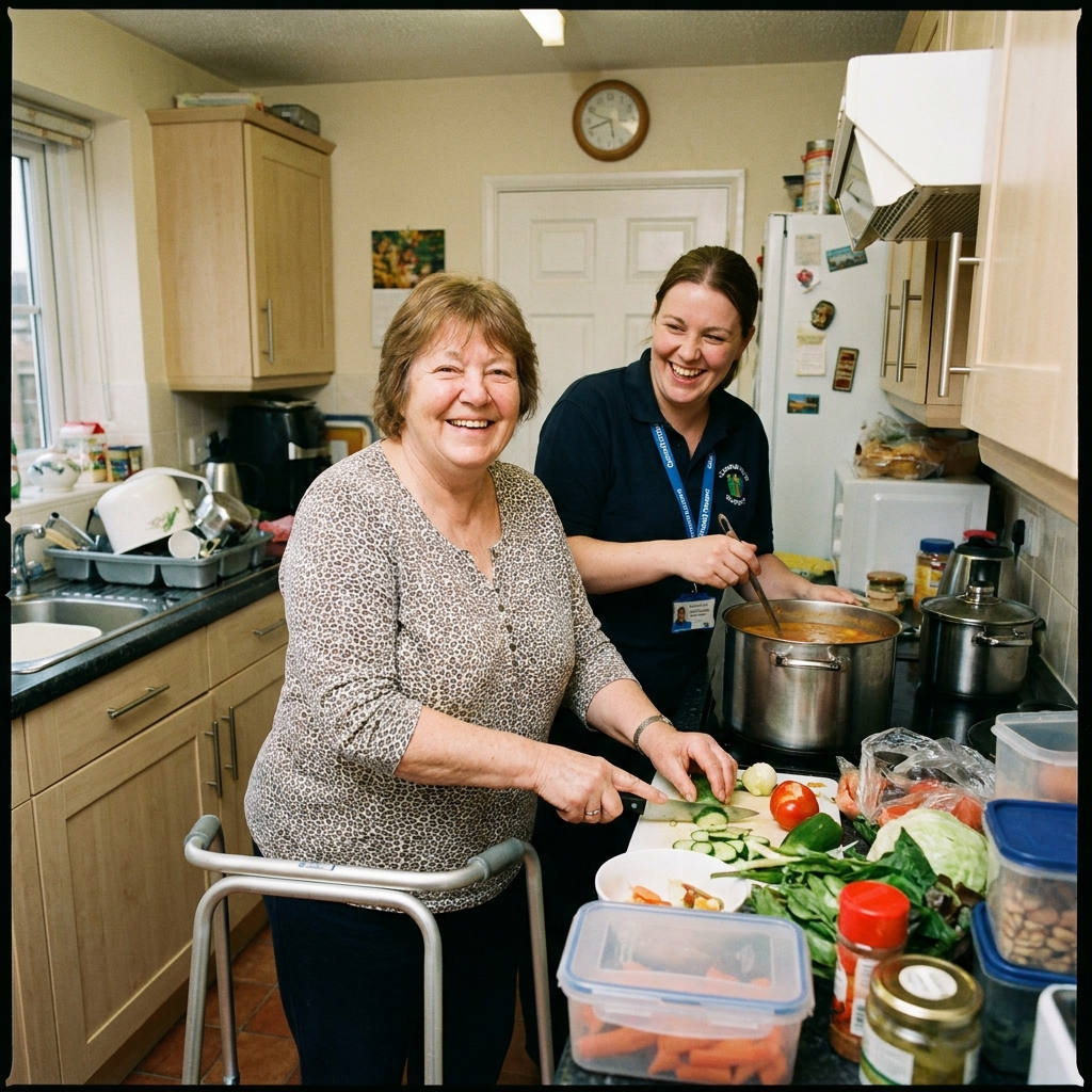 Support worker helping participant prepare a meal at home
